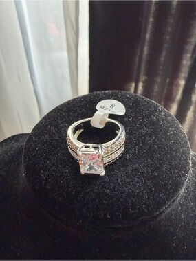 Silver-Tone Cubic Zirconia Bridal Ring - Clear Crystal
